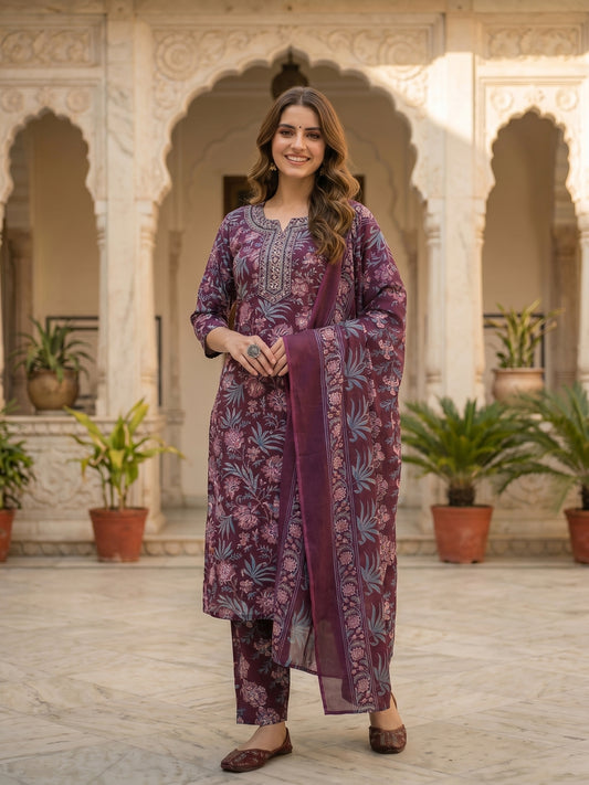 Floral Printed & Embroidered Straight Fit Kurta with Pant & Dupatta - Burgundy