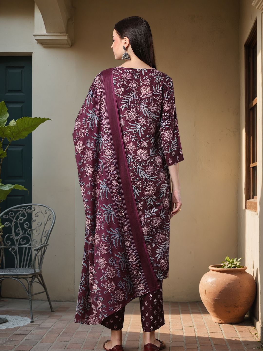 Floral Printed & Embroidered Straight Fit Kurta with Pant & Dupatta - Burgundy