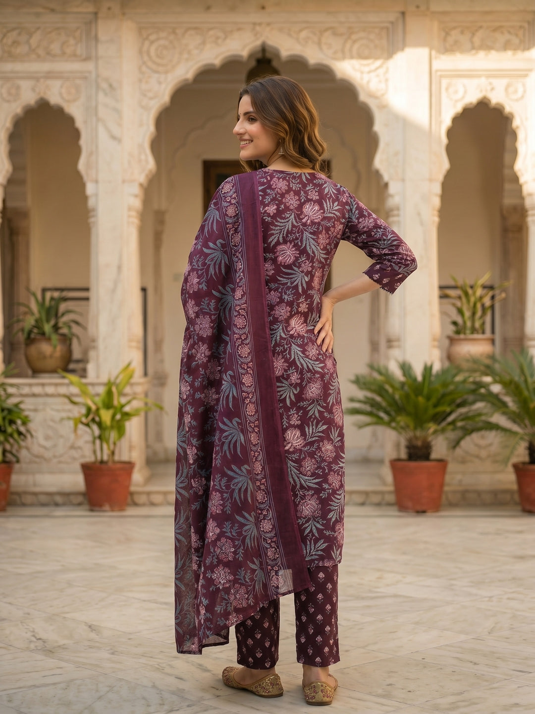 Floral Printed & Embroidered Straight Fit Kurta with Pant & Dupatta - Burgundy
