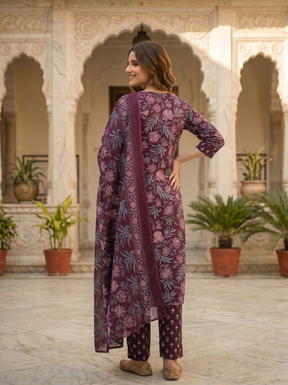 Floral Printed & Embroidered Straight Fit Kurta with Pant & Dupatta - Burgundy