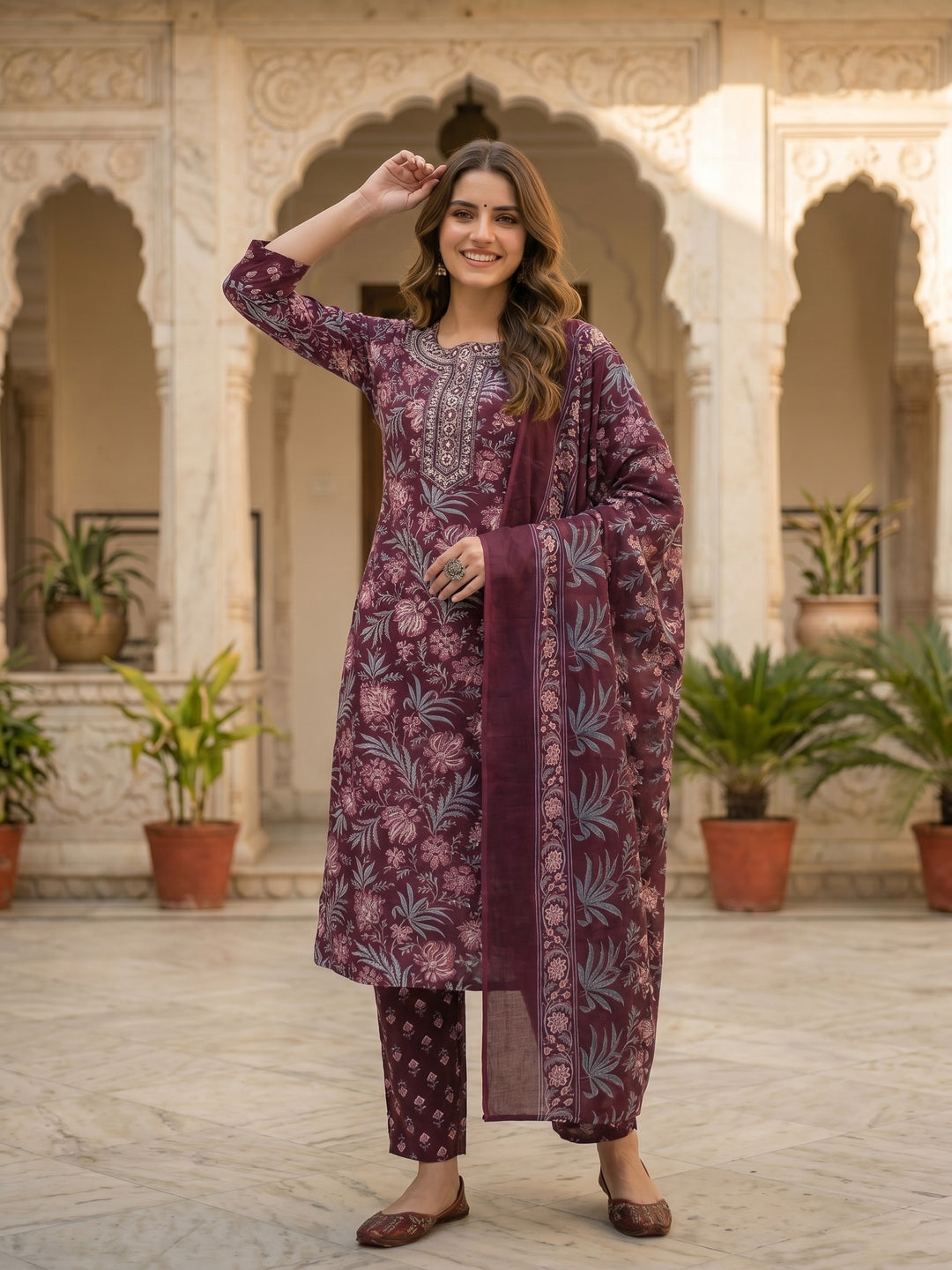 Floral Printed & Embroidered Straight Fit Kurta with Pant & Dupatta - Burgundy