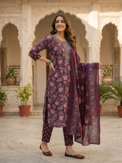 Floral Printed & Embroidered Straight Fit Kurta with Pant & Dupatta - Burgundy