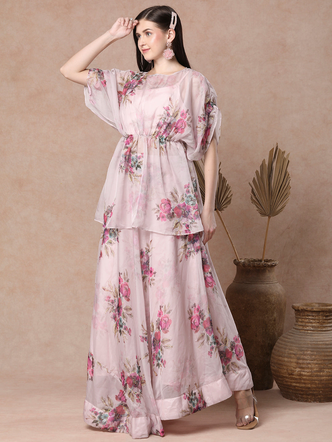 Abstract Bold Floral Foil Printed A-Line Pleated Top & Flared Skirt Set - Pink