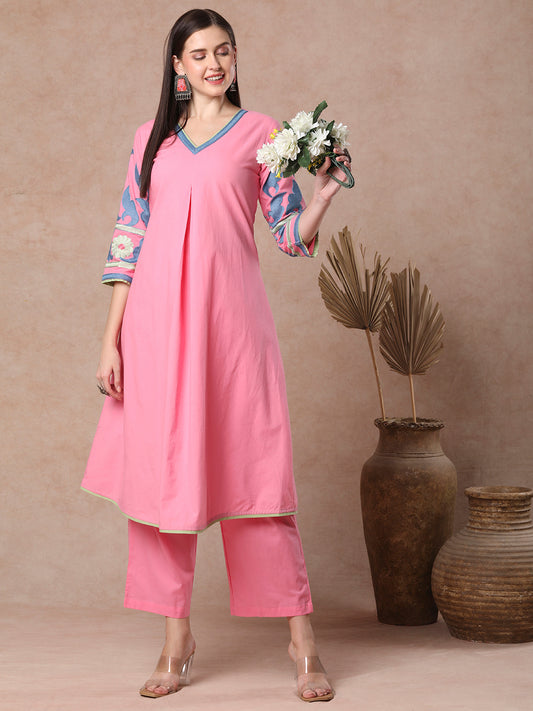 Solid Floral Thread Embroidered A-Line Pleated Kurta with Pant - Pink