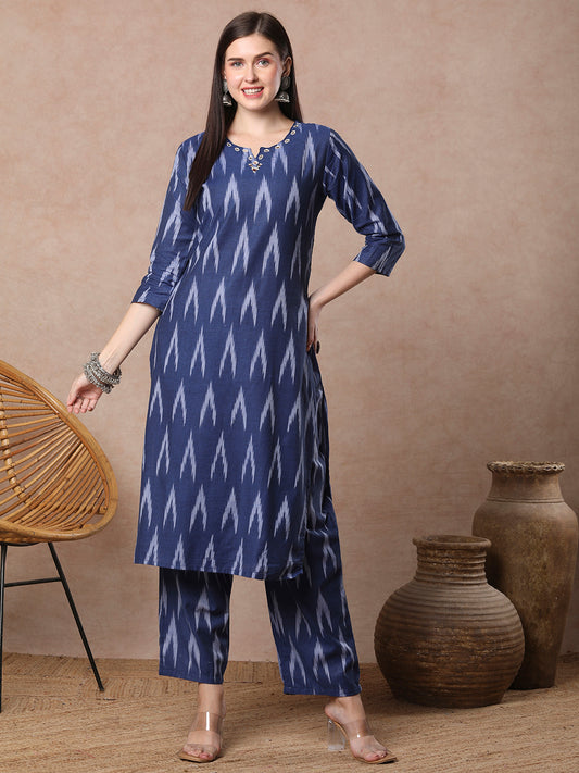Ikat Printed Mirror Work Straight Fit Co-ord Set - Blue