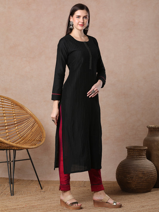 Solid Pin Tucked Straight Fit Kurta with Pant - Black