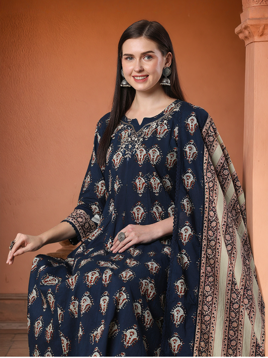 Ethnic Floral Printed & Embroidered Anarkali Flared Kurta with Pant & Dupatta - Blue