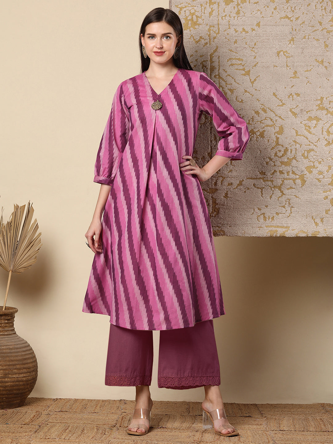 Ikat Striped A-line Flared Cotton Flax Midi Dress Pink – FASHOR