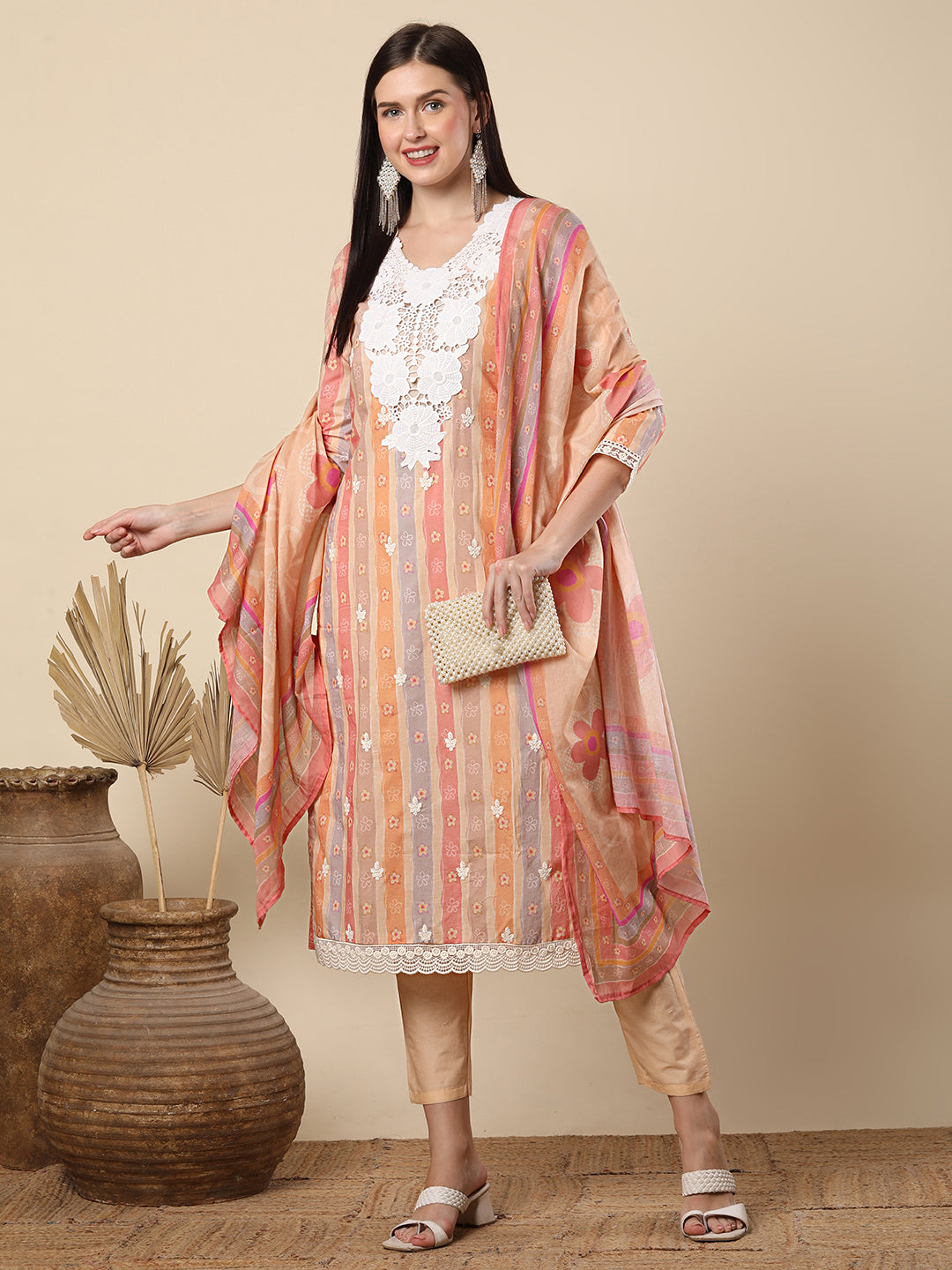 Ethnic Floral & Printed & Embroidered Straight Fit Kurta with Pant & Dupatta - Mutli