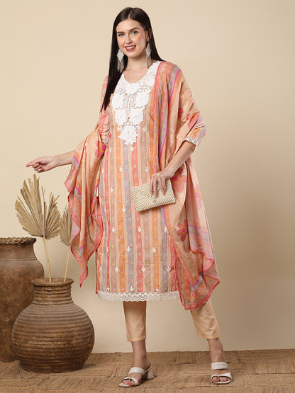 Ethnic Floral & Printed & Embroidered Straight Fit Kurta with Pant & Dupatta - Mutli