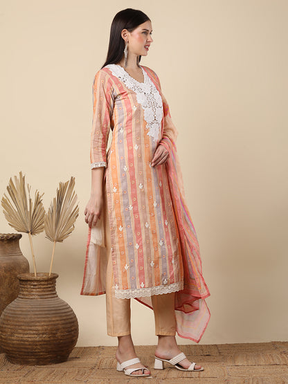 Ethnic Floral & Printed & Embroidered Straight Fit Kurta with Pant & Dupatta - Mutli