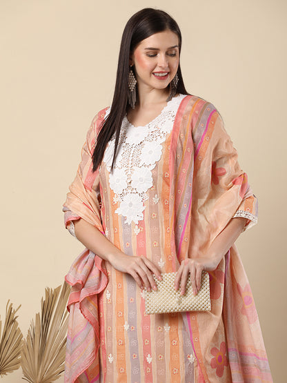 Ethnic Floral & Printed & Embroidered Straight Fit Kurta with Pant & Dupatta - Mutli