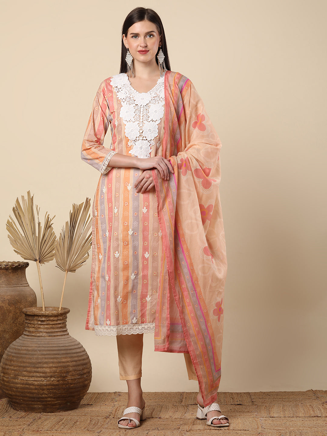 Ethnic Floral & Printed & Embroidered Straight Fit Kurta with Pant & Dupatta - Mutli