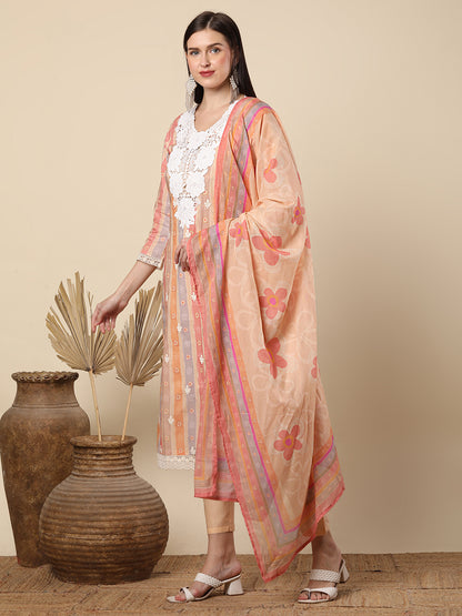 Ethnic Floral & Printed & Embroidered Straight Fit Kurta with Pant & Dupatta - Mutli