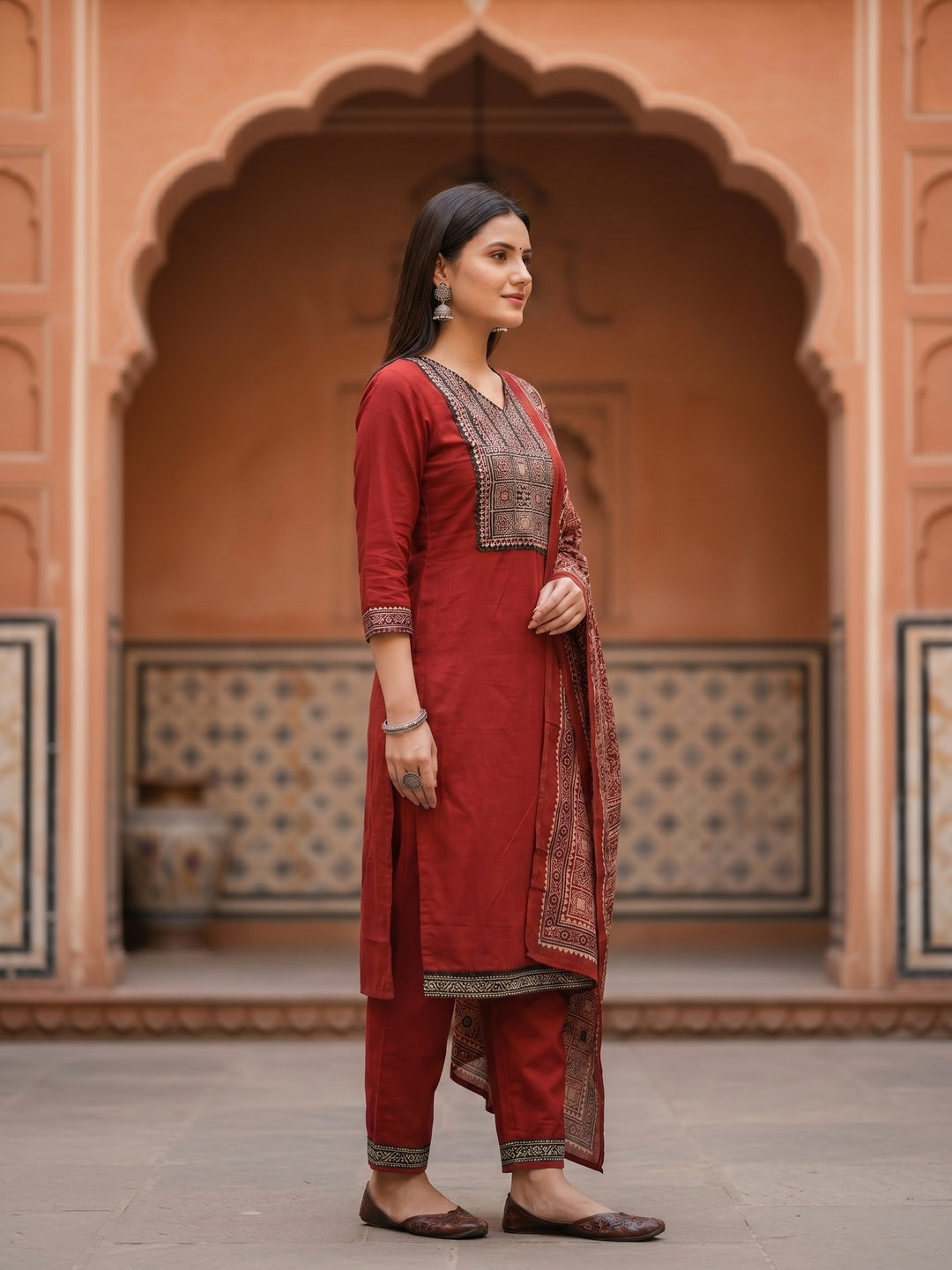 Ethnic Floral Printed Yoke Straight Cut Solid Kurta with Pant and Printed Dupatta - Red