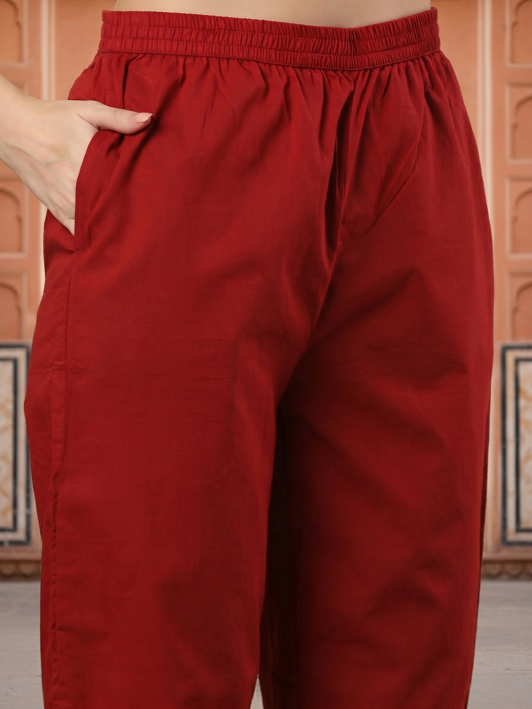 Ethnic Floral Printed Yoke Straight Cut Solid Kurta with Pant and Printed Dupatta - Red
