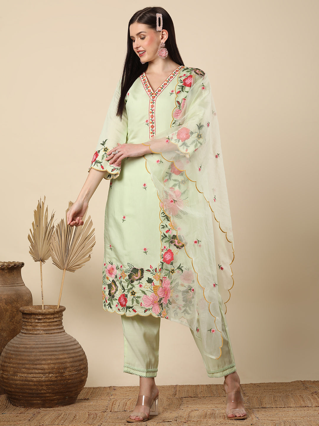 Floral Threadwork Embroidered Straight Cut Kurta with Pant & Organza Dupatta - Light Green