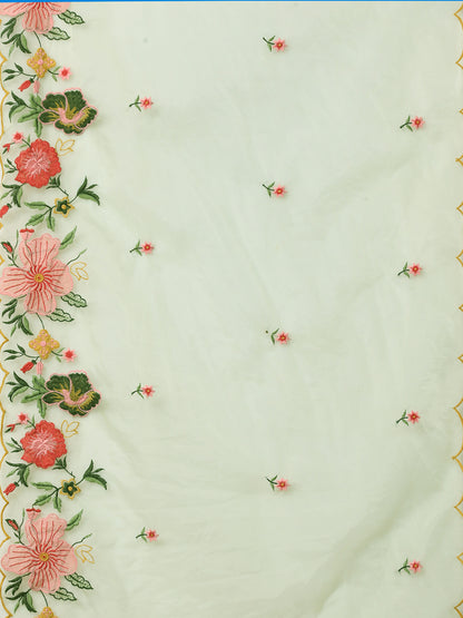 Floral Threadwork Embroidered Straight Cut Kurta with Pant & Organza Dupatta - Light Green