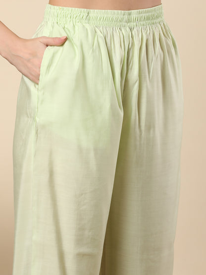 Floral Threadwork Embroidered Straight Cut Kurta with Pant & Organza Dupatta - Light Green