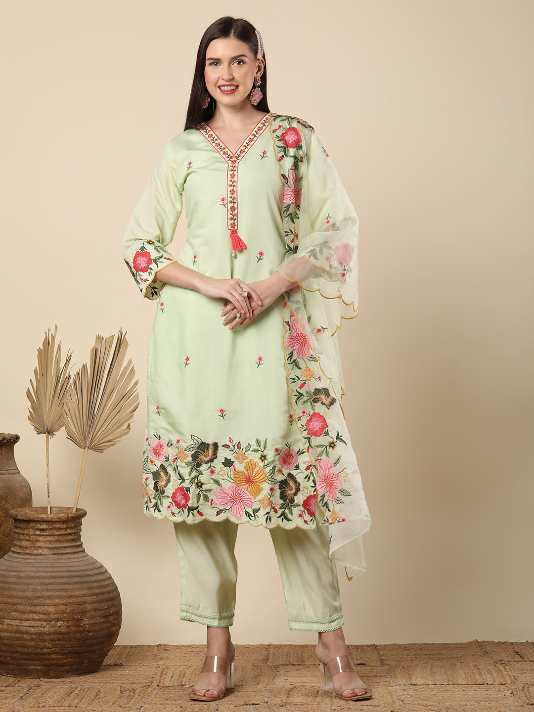 Floral Threadwork Embroidered Straight Cut Kurta with Pant & Organza Dupatta - Light Green