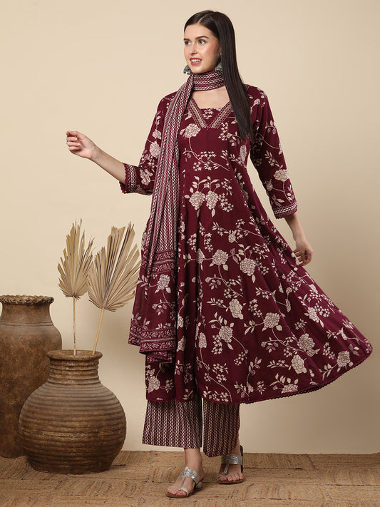 Ethnic Floral Printed & Hand Embroidered Anarkali Flared Kurta with Palazzo & Dupatta - Burgundy