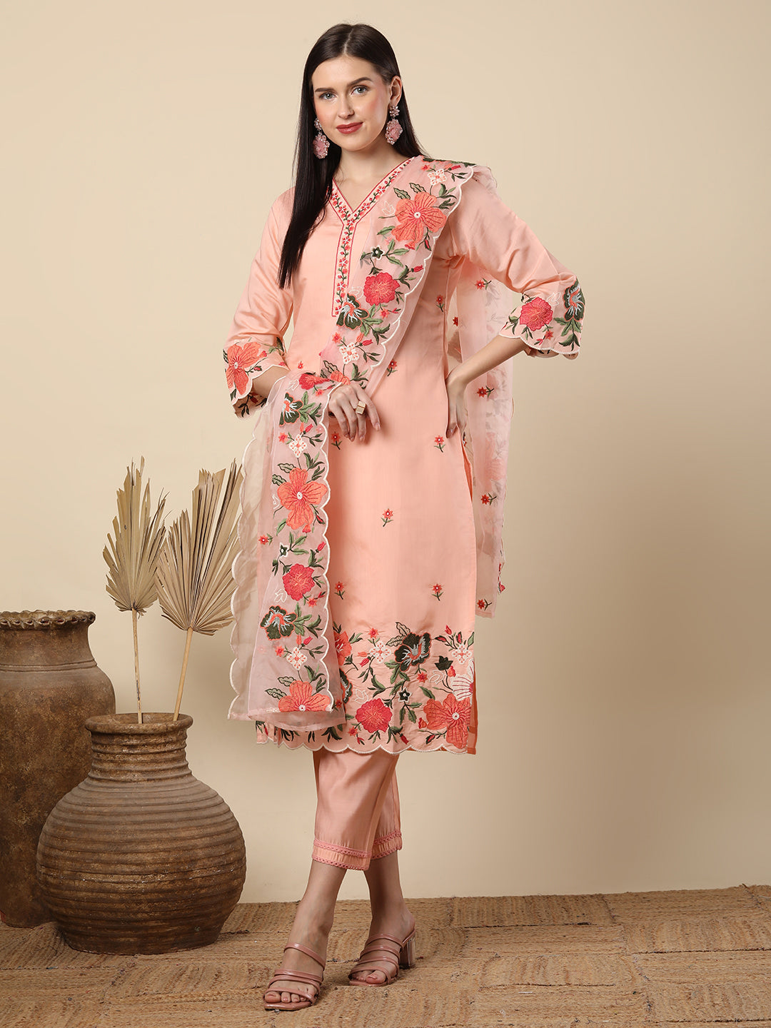 Floral Threadwork Embroidered Straight Cut Kurta with Pant & Organza Dupatta - Peach