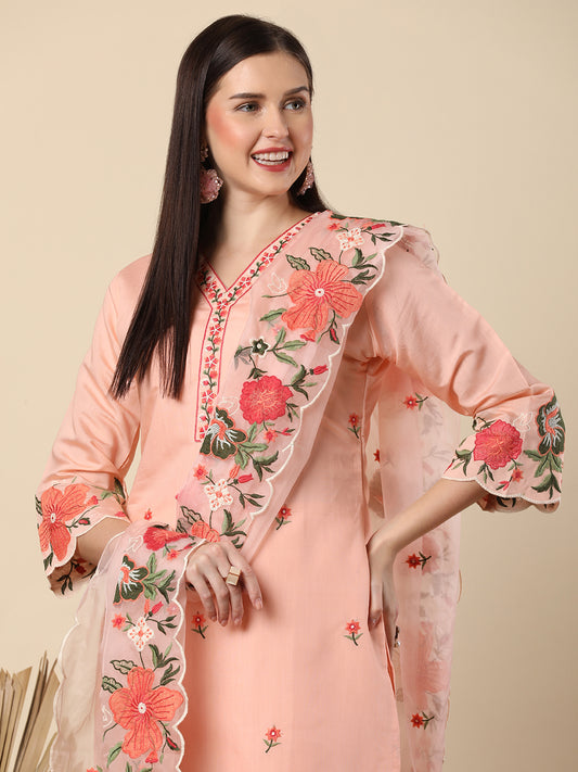 Floral Threadwork Embroidered Straight Cut Kurta with Pant & Organza Dupatta - Peach