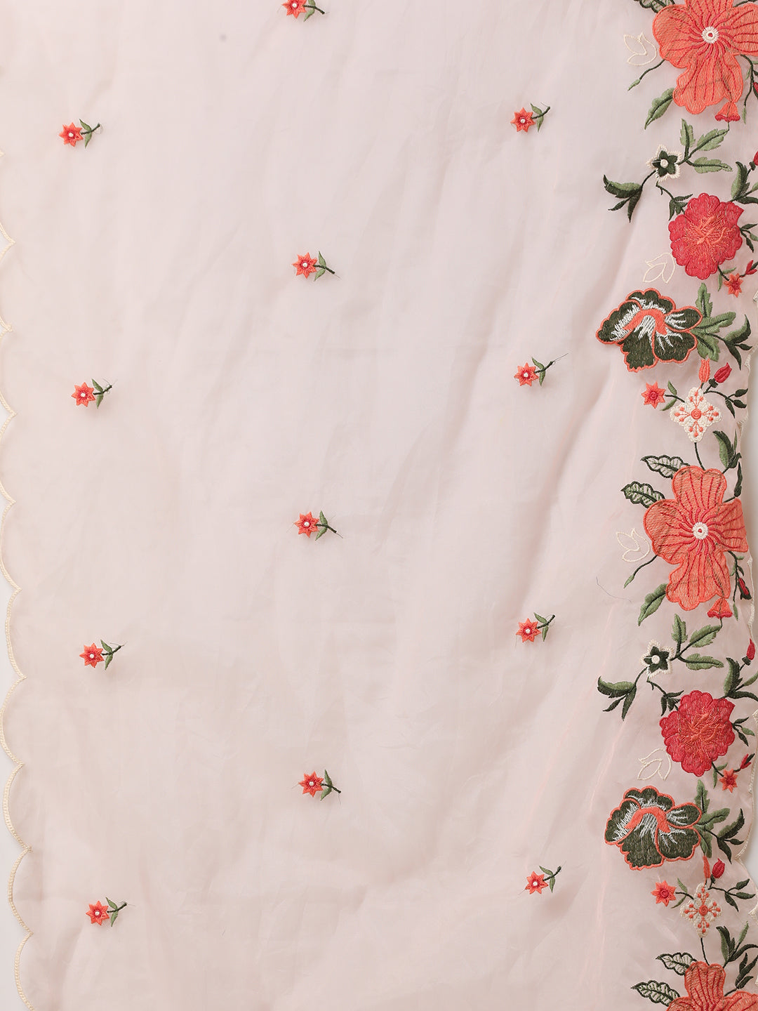 Floral Threadwork Embroidered Straight Cut Kurta with Pant & Organza Dupatta - Peach