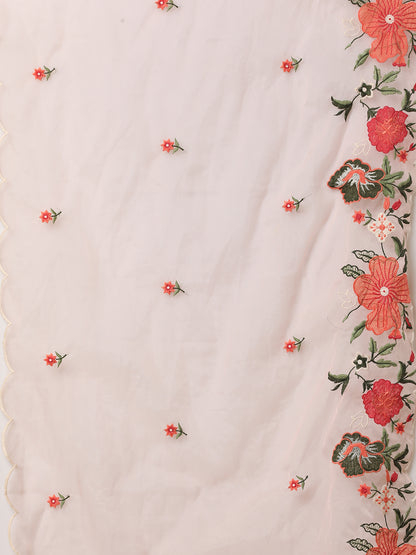 Floral Threadwork Embroidered Straight Cut Kurta with Pant & Organza Dupatta - Peach
