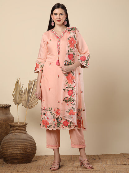 Floral Threadwork Embroidered Straight Cut Kurta with Pant & Organza Dupatta - Peach