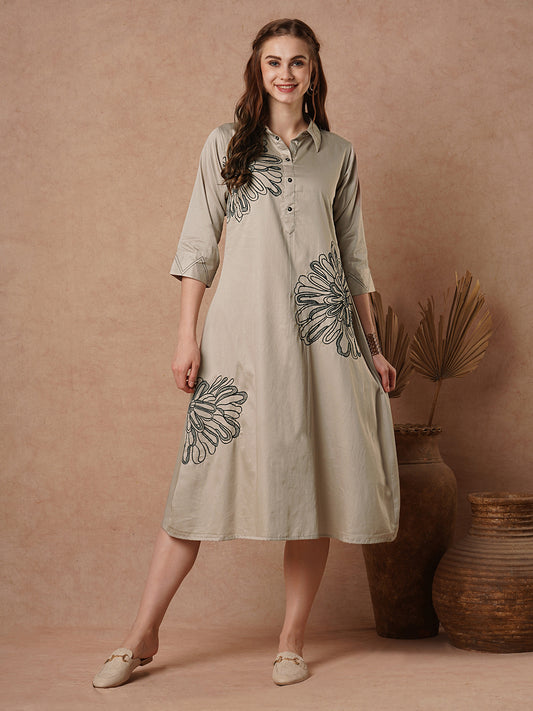 Abstract Outline Floral Threadwork Embroidered A-line Flared Midi Dress - Taupe