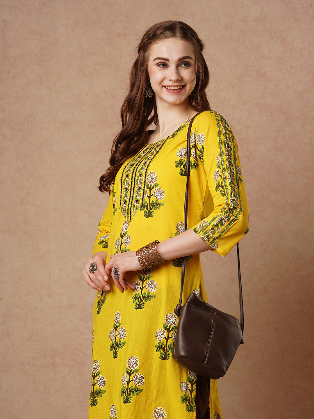 Ethnic Ikat Stylized Printed Straight Fit Cotton Kurta - Yellow
