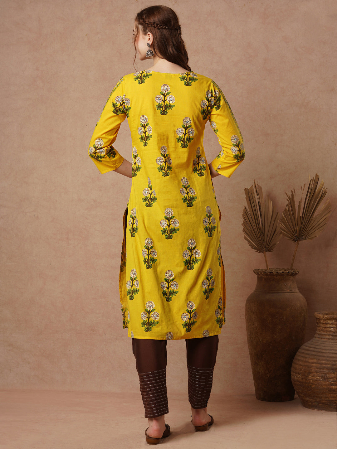 Ethnic Ikat Stylized Printed Straight Fit Cotton Kurta - Yellow