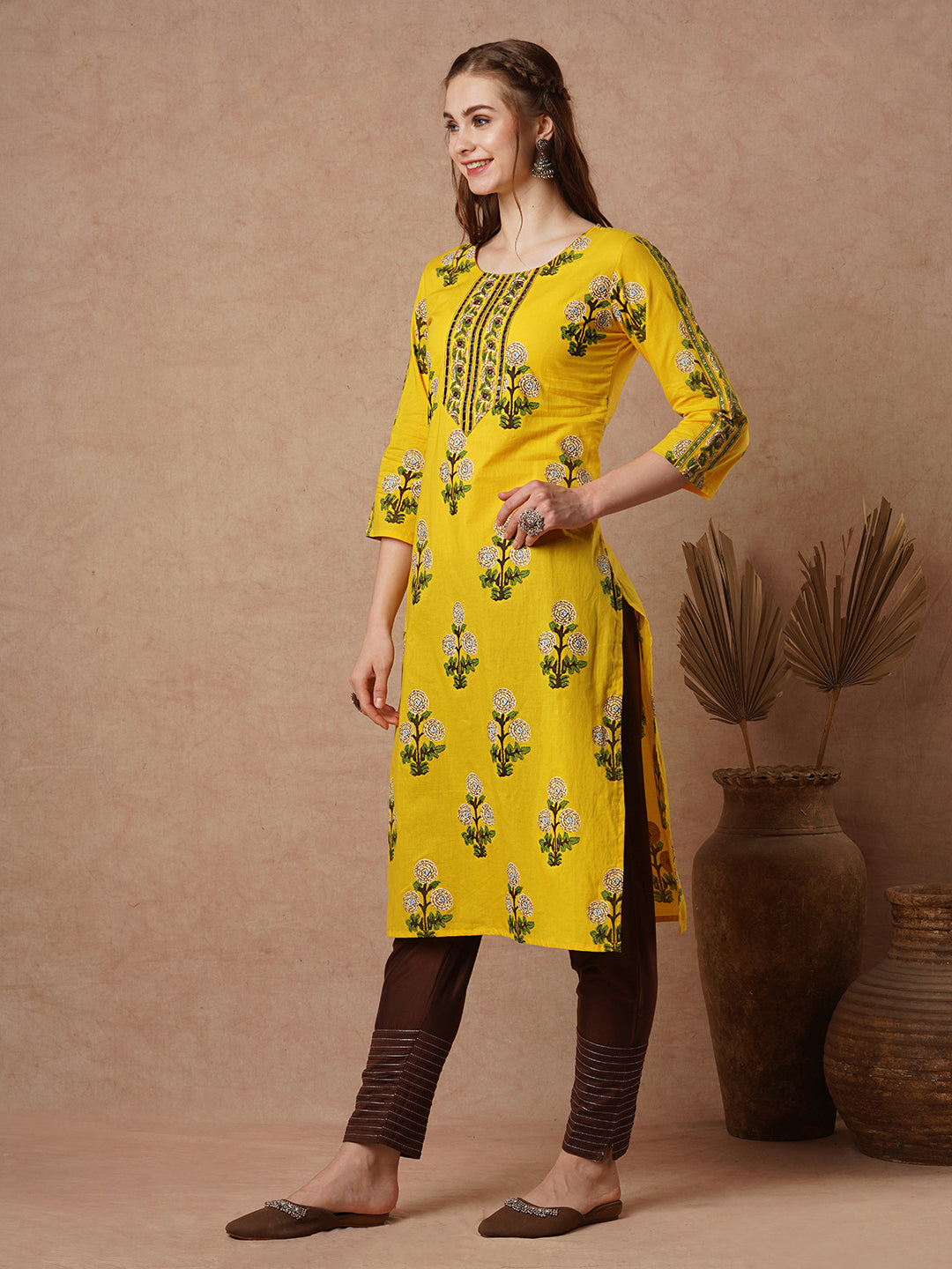 Ethnic Ikat Stylized Printed Straight Fit Cotton Kurta - Yellow