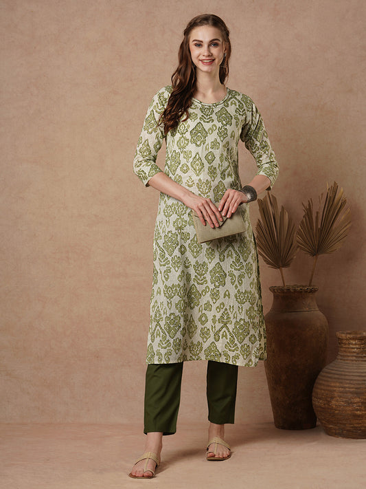 Ethnic Ikat Stylized Printed Straight Fit Cotton Kurta - Green
