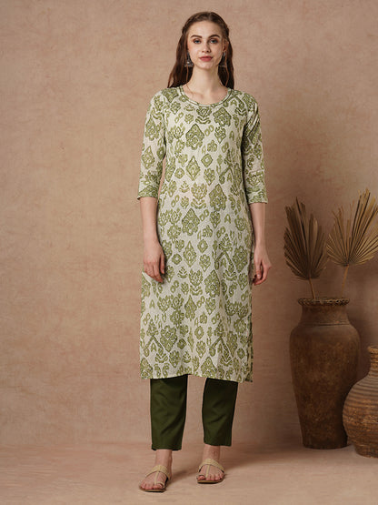 Ethnic Ikat Stylized Printed Straight Fit Cotton Kurta - Green