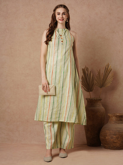 Stripe & Floral Printed Mirror Embroidered A-Line Co-ord Set - Light Green