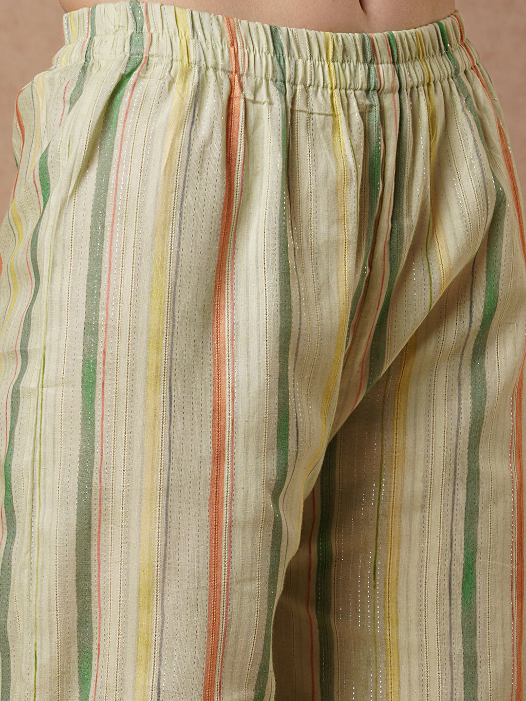 Stripe & Floral Printed Mirror Embroidered A-Line Co-ord Set - Light Green