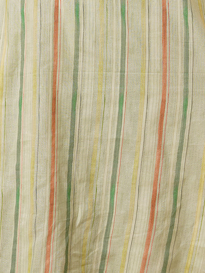 Stripe & Floral Printed Mirror Embroidered A-Line Co-ord Set - Light Green