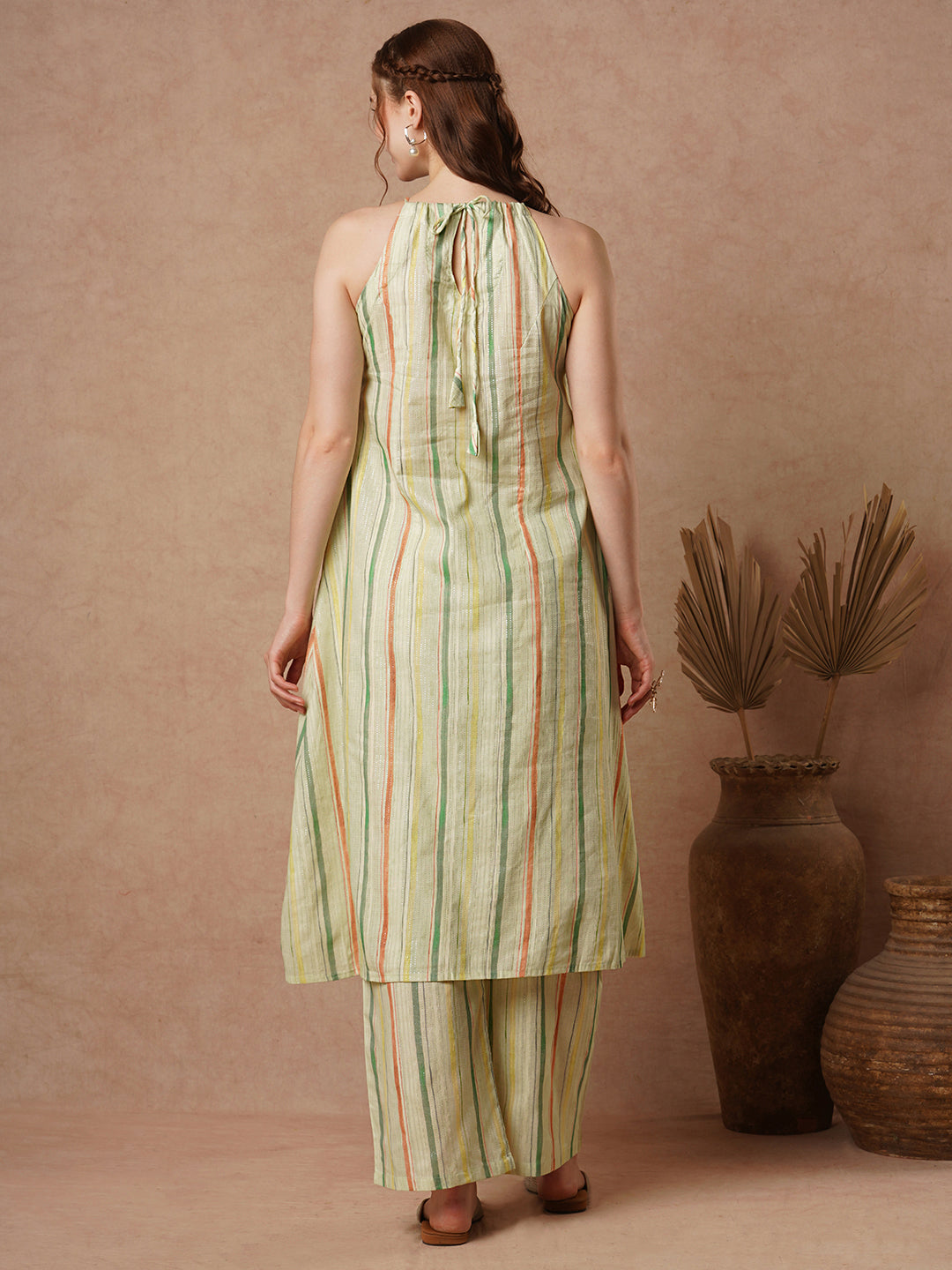 Stripe & Floral Printed Mirror Embroidered A-Line Co-ord Set - Light Green