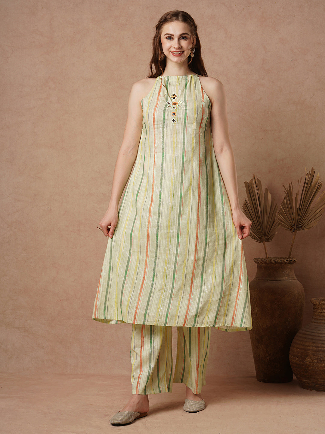 Stripe & Floral Printed Mirror Embroidered A-Line Co-ord Set - Light Green