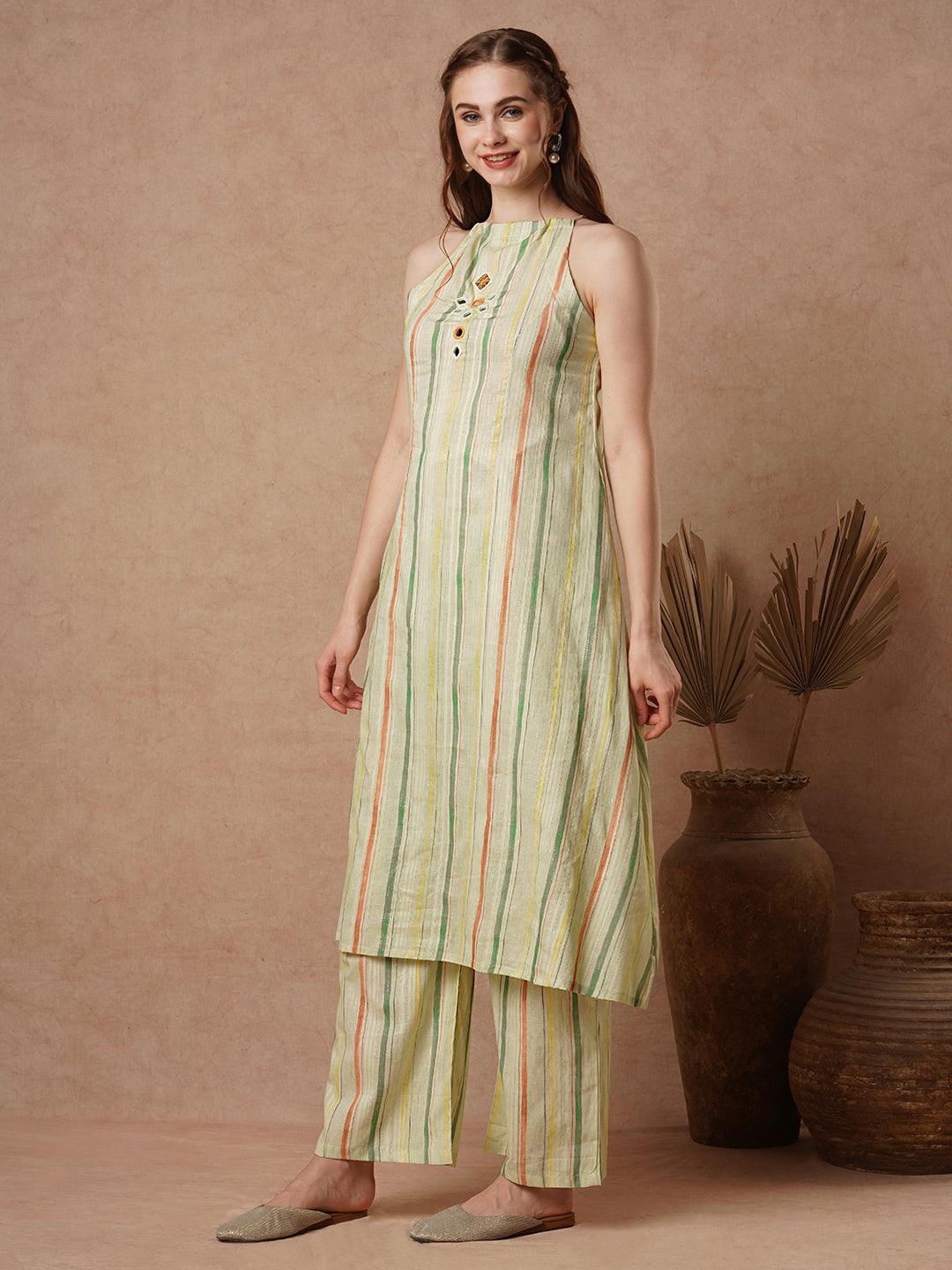 Stripe & Floral Printed Mirror Embroidered A-Line Co-ord Set - Light Green