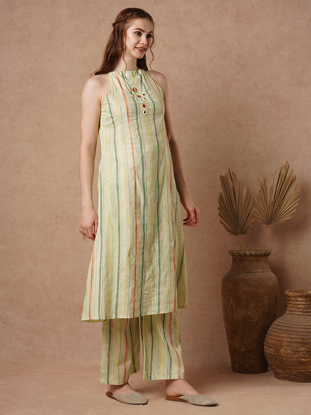 Stripe & Floral Printed Mirror Embroidered A-Line Co-ord Set - Light Green