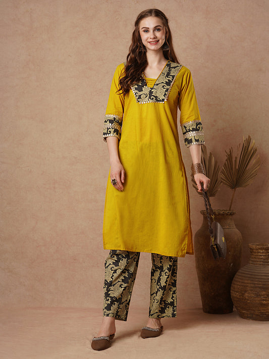 Solid Sequin Embellished Straight Kurta with Floral Printed Palazzo - Yellow