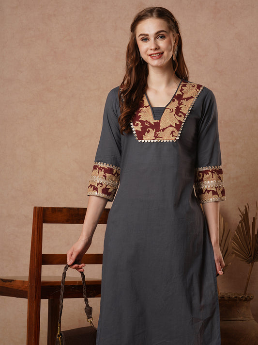 Solid Sequin Embellished Straight Kurta with Floral Printed Palazzo - Grey