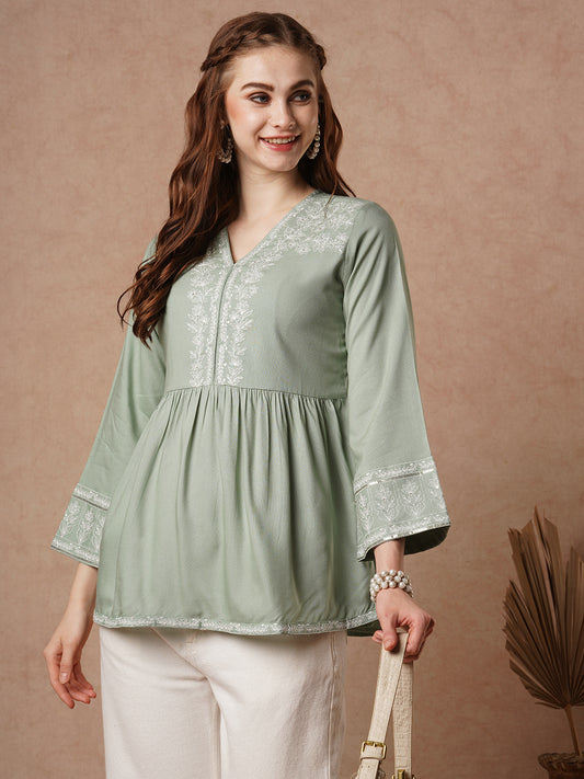 Pink Floral Threadwork Embroidered Straight Fit Pleated Kurti - Green