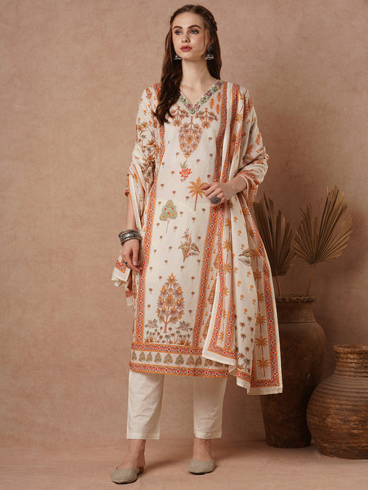 Floral Printed & Resham Hand Embroidered Straight Kurta with Pant & Dupatta - White