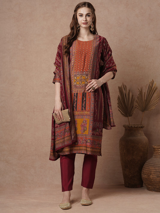 Ethnic Mughal Printed & Embroidered Straight Kurta with Pant & Dupatta - Rust