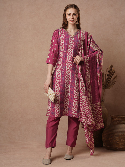 Ethnic Printed & Embroidered Straight Muslin Silk Kurta with Pant & Dupatta - Pink