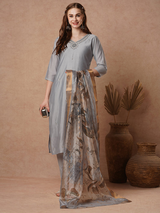 Floral Resham & Hand Embroidered Straight Kurta with Pant & Printed Dupatta - Powder Blue
